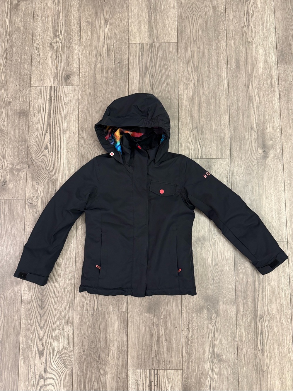 Roxy Kids Black Hooded Puffer Jacket with Colorful Lining